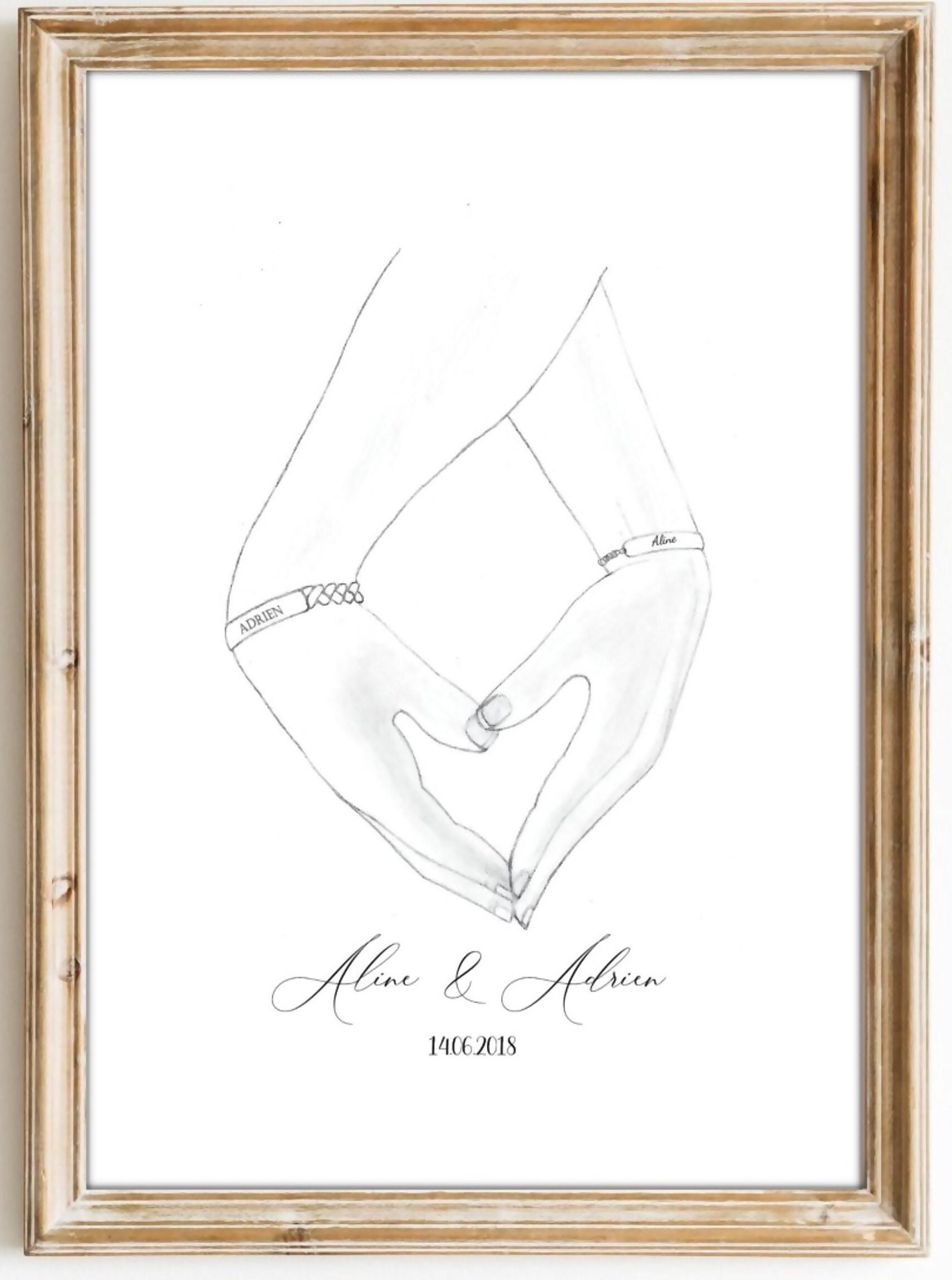 Affiche Couple, Poster Mains avec Gourmettes à Personnaliser, Cadeau Personnalisé Prénoms - Cadeau I