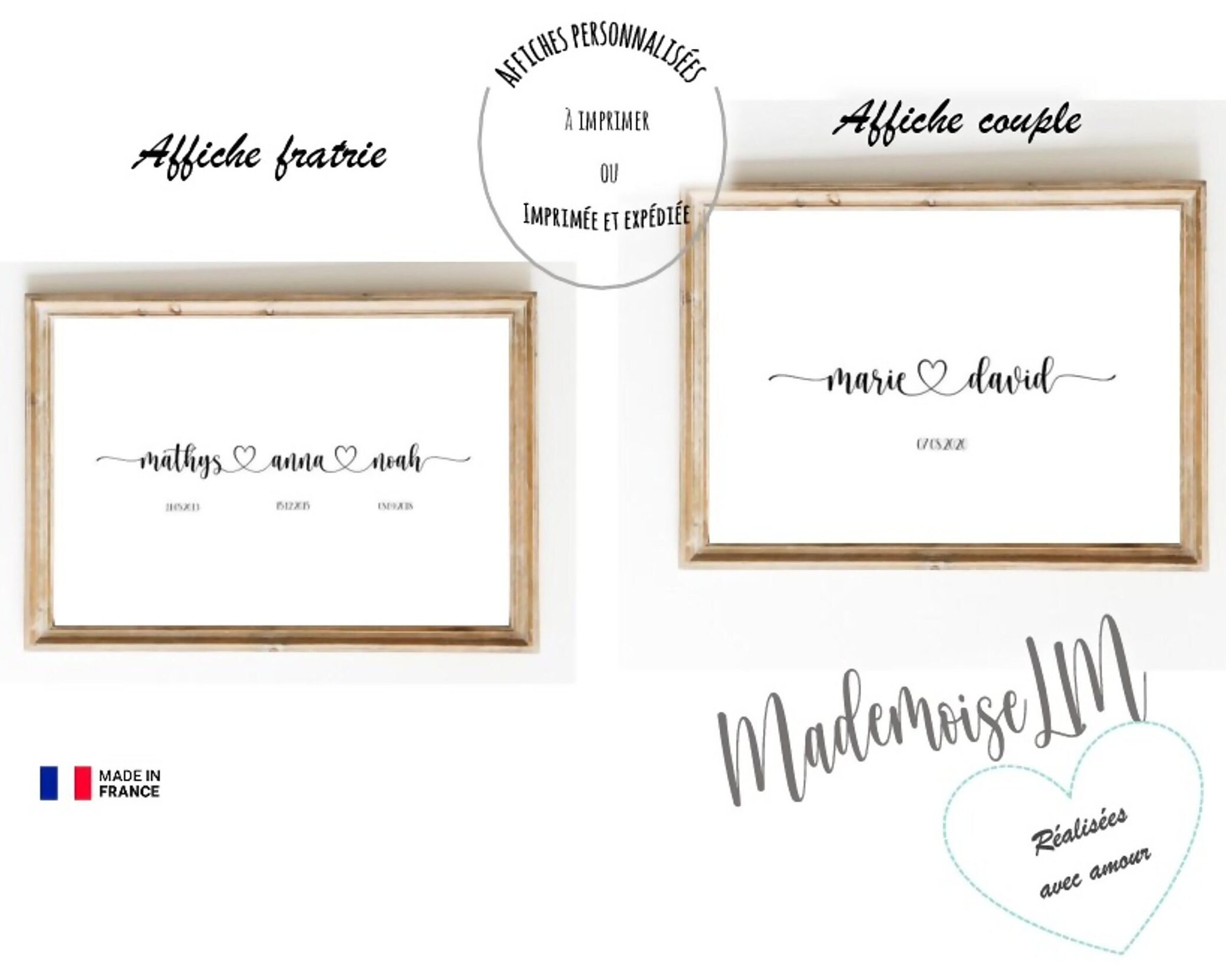 Affiche Prénoms Entrelacés Par Un Cœur à Personnaliser, Affiche Couple, Famille, Enfants, Fratrie - 