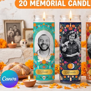 May include: Three tall glass memorial candles featuring colorful labels with floral patterns, skulls, and sun motifs. Each label displays a black and white portrait and a name. Text reads: Día de los Muertos, 20 MEMORIAL CANDLE LABELS, Just Drag & Drop Your Photos & Names!
