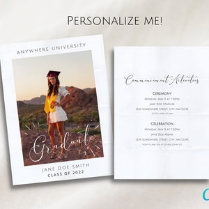 May include: A graduation announcement card with a photo of a graduate in a cap and gown standing in front of a mountain range. The card includes the graduate's name, the year of graduation, and the university's name. The card also includes a schedule of commencement activities, including the ceremony and celebration.