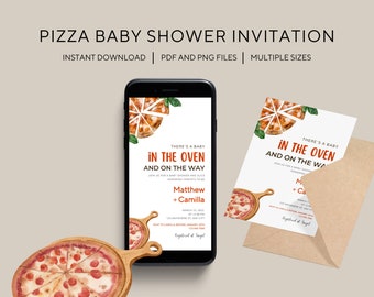 Może przedstawiać: Drukowane zaproszenie na baby shower z motywem pizzy. Zaproszenie zawiera akwarelowy rysunek pizzy z tekstem "There's a baby in the oven and on the way".