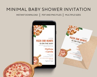 Może przedstawiać: Drukowane zaproszenie na baby shower z motywem pizzy. Zaproszenie zawiera akwarelowy rysunek kawałków pizzy i tekst "A Little Pizza Our Hearts Is On The Way".