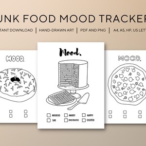 Printable Mood Trackers Bullet Journal Happy Planner Hand Drawn Template: Donut, Cake, Pizza
