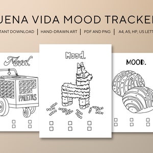 Könnte beinhalten: Drei druckbare Stimmungs-Tracker mit einer Schwarzweißillustration eines Paleta-Wagens, einer Piñata und einer Concha. Jeder Tracker hat oben das Wort "Mood." und darunter ein Raster aus Quadraten zum Markieren der Stimmung.