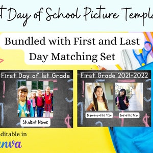 Puede incluir: Una plantilla imprimible para fotos del primer día de escuela. La plantilla presenta un fondo de pizarra con el texto "Primer día de 1er grado" y un espacio para una foto. La plantilla también incluye un espacio para el nombre del estudiante. La plantilla es totalmente editable en Canva.