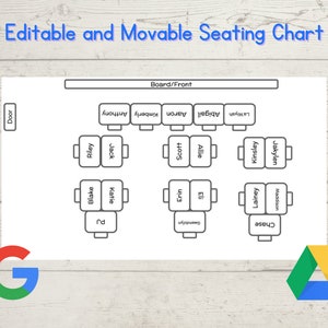 Puede incluir: Una plantilla de plano de asientos imprimible en blanco y negro para un aula. El plano incluye un tablero/frente, una puerta y espacios para los nombres de los estudiantes. Los nombres incluyen: Laliyah, Abigail, Aaron, Kimberly, Anthony, Riley, Jack, Scott, Allie, Kinsley, Jayden, Blake, Katie, Erin, Eli, Lainey, Maddison, Chase y Gwendolyn.