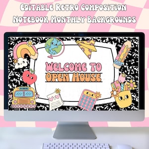 May include: A computer screen displaying a colorful retro-style graphic with the text "Welcome to Open House". The graphic features a school bus, a globe, a rainbow, a calculator, a pencil, and a notebook.