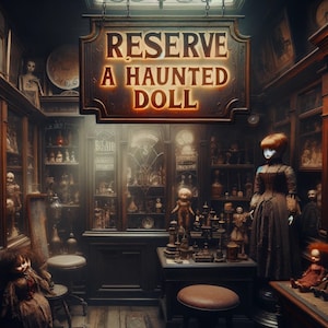 May include: A vintage shop interior with a sign that reads "Reserve a Haunted Doll". The shop is filled with antique dolls and other curiosities.