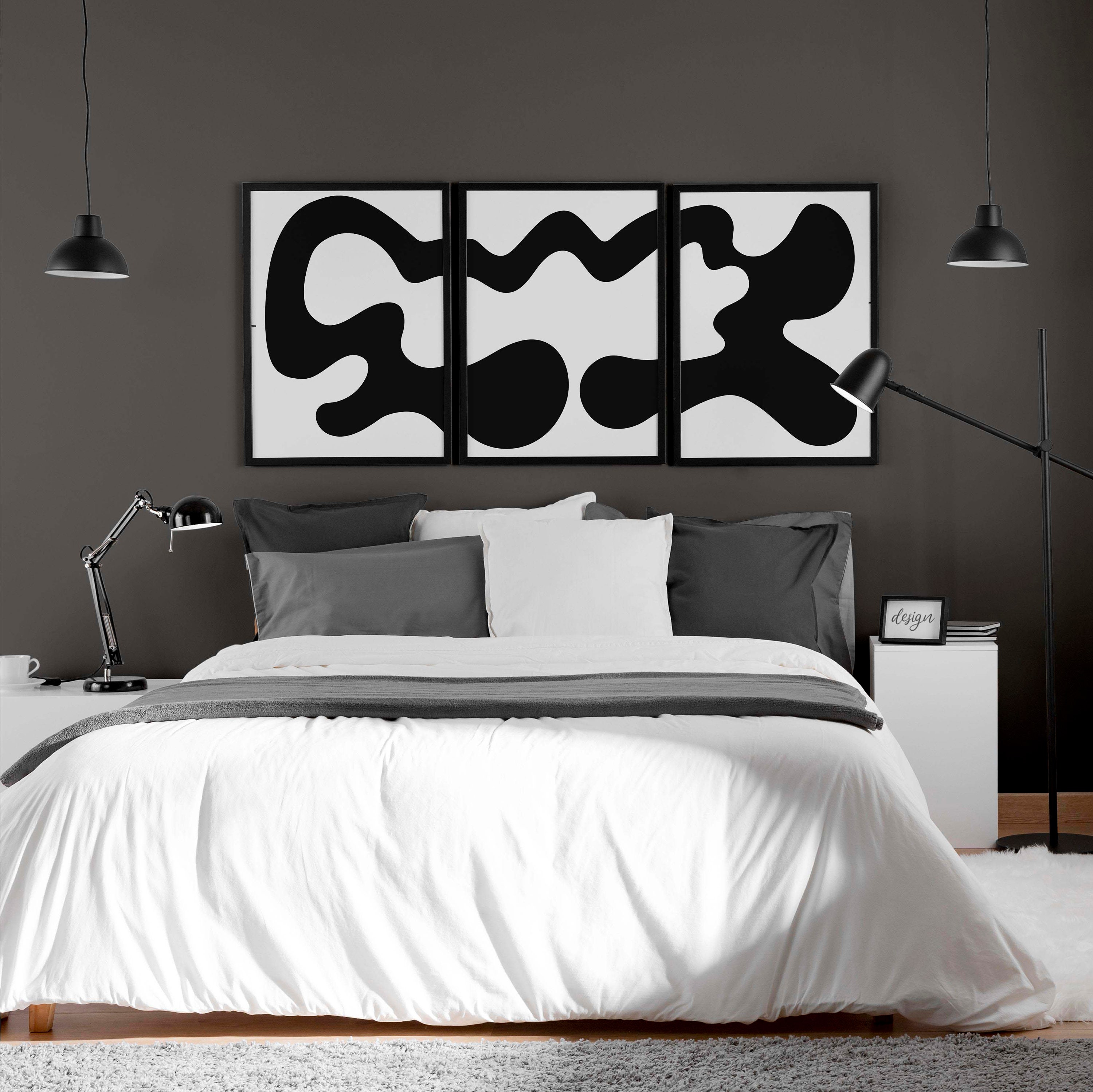 Black and White Abstract Art Prints Set of 3 Black Wall Etsy