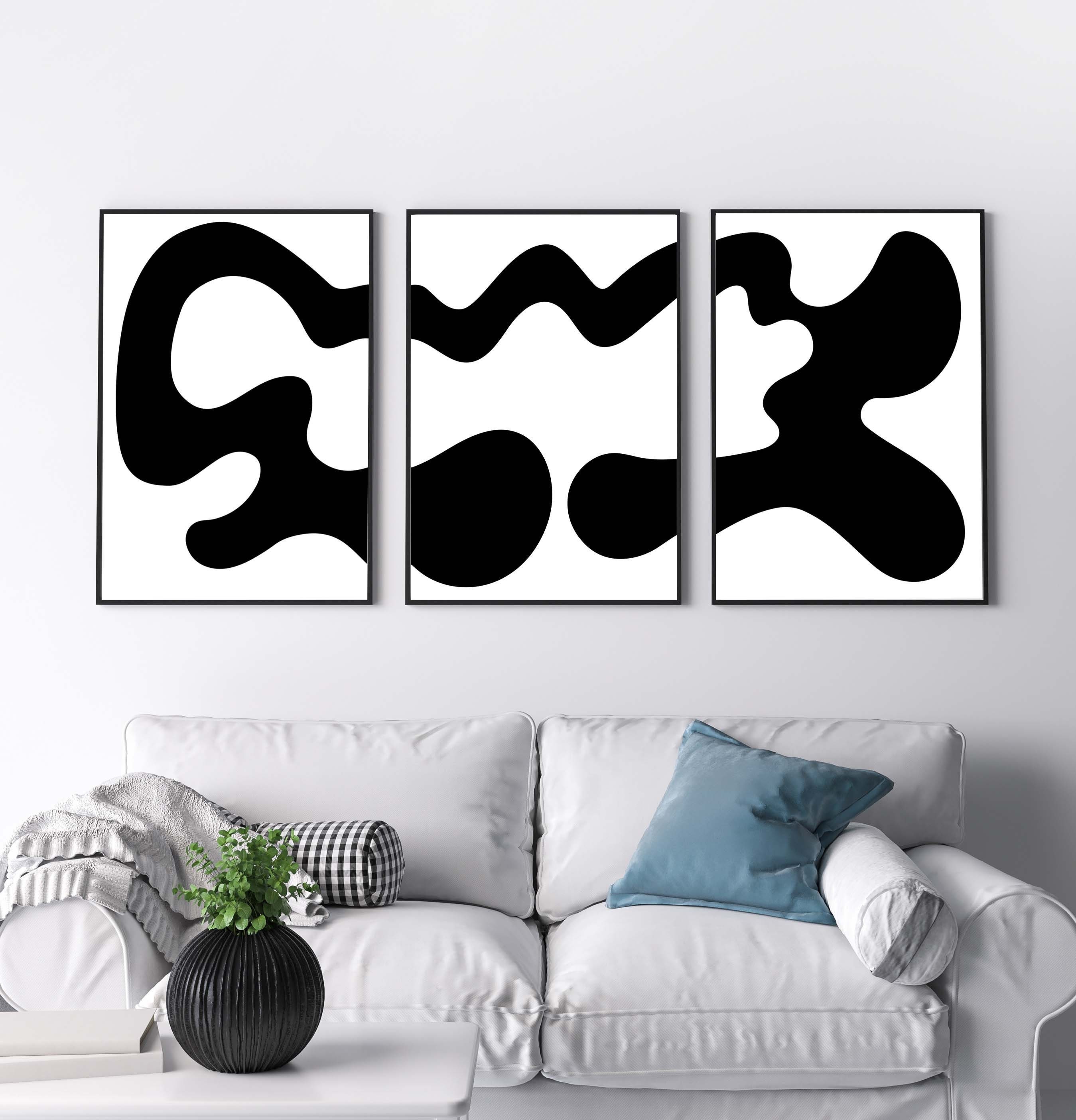Black and White Abstract Art Prints Set of 3 Black Wall Etsy