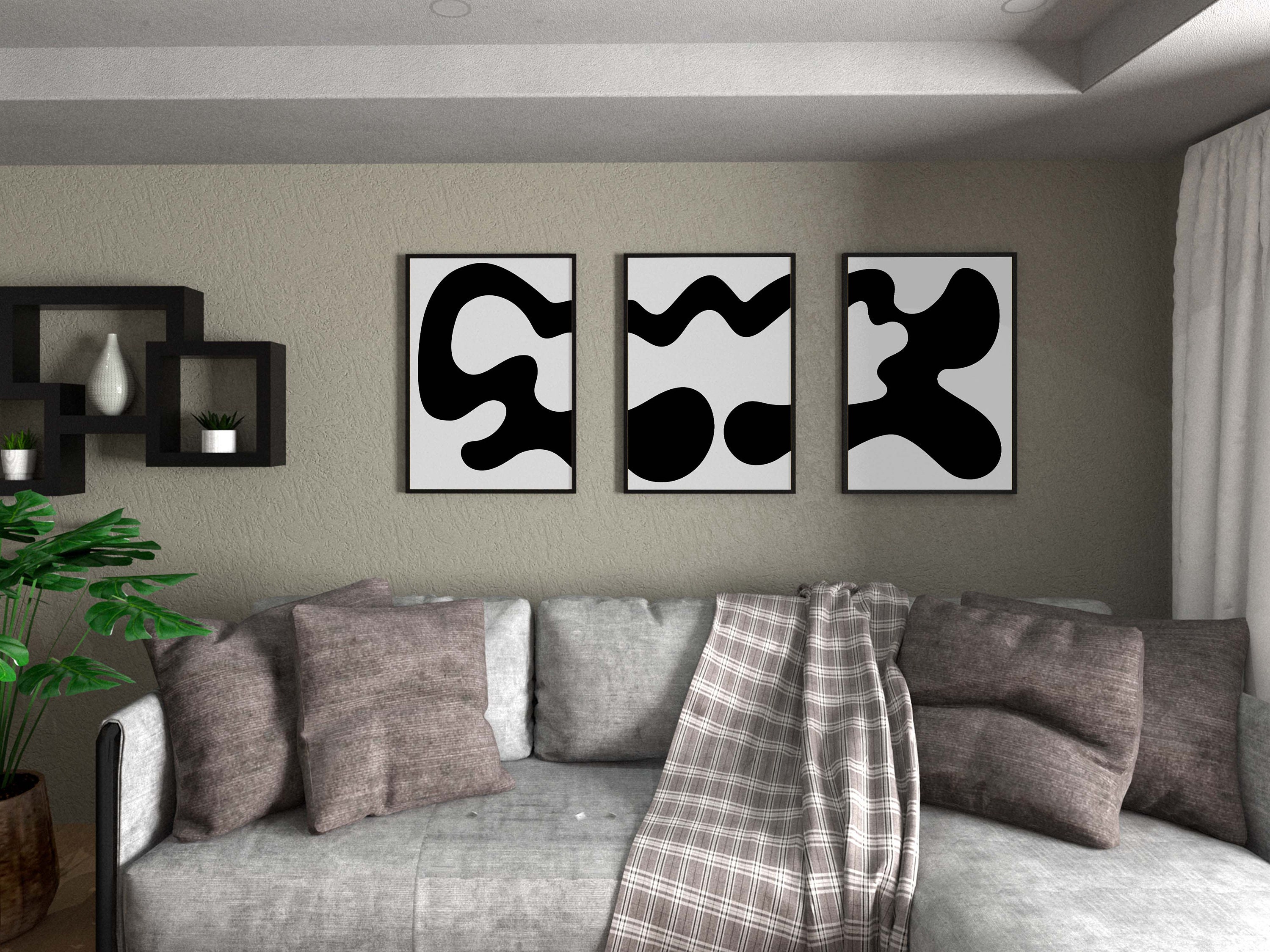 Black and White Abstract Art Prints Set of 3 Black Wall Etsy
