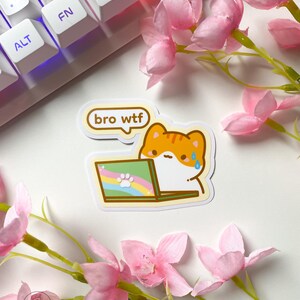 May include: A sticker featuring a cartoon orange cat with a sad expression, looking at a laptop with a rainbow and paw print design. The sticker has a speech bubble that says "bro wtf".
