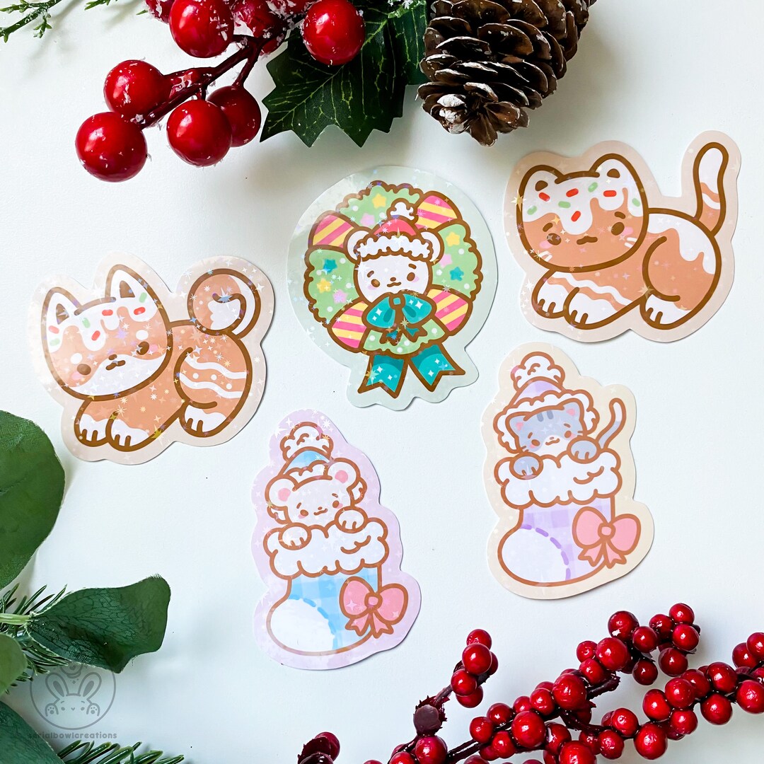 Cute Festive Animal Stickers Christmas Holographic Die Cut Etsy