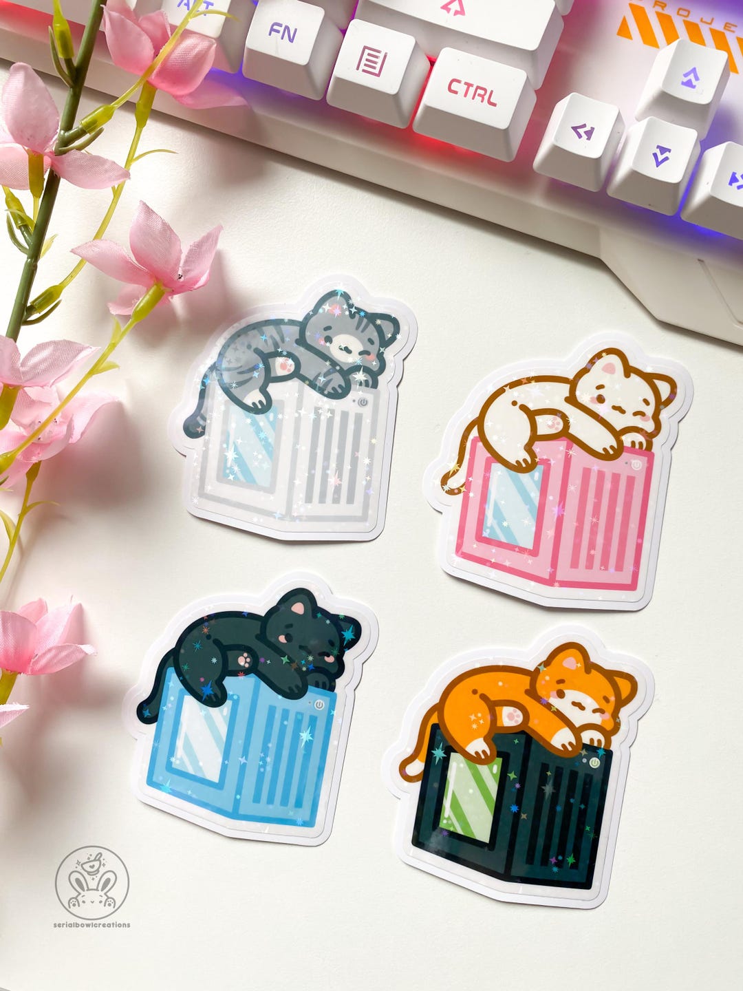 Sparkly PC Computer Tower Cats | Holographic Die Cut Vinyl Sticker - Etsy