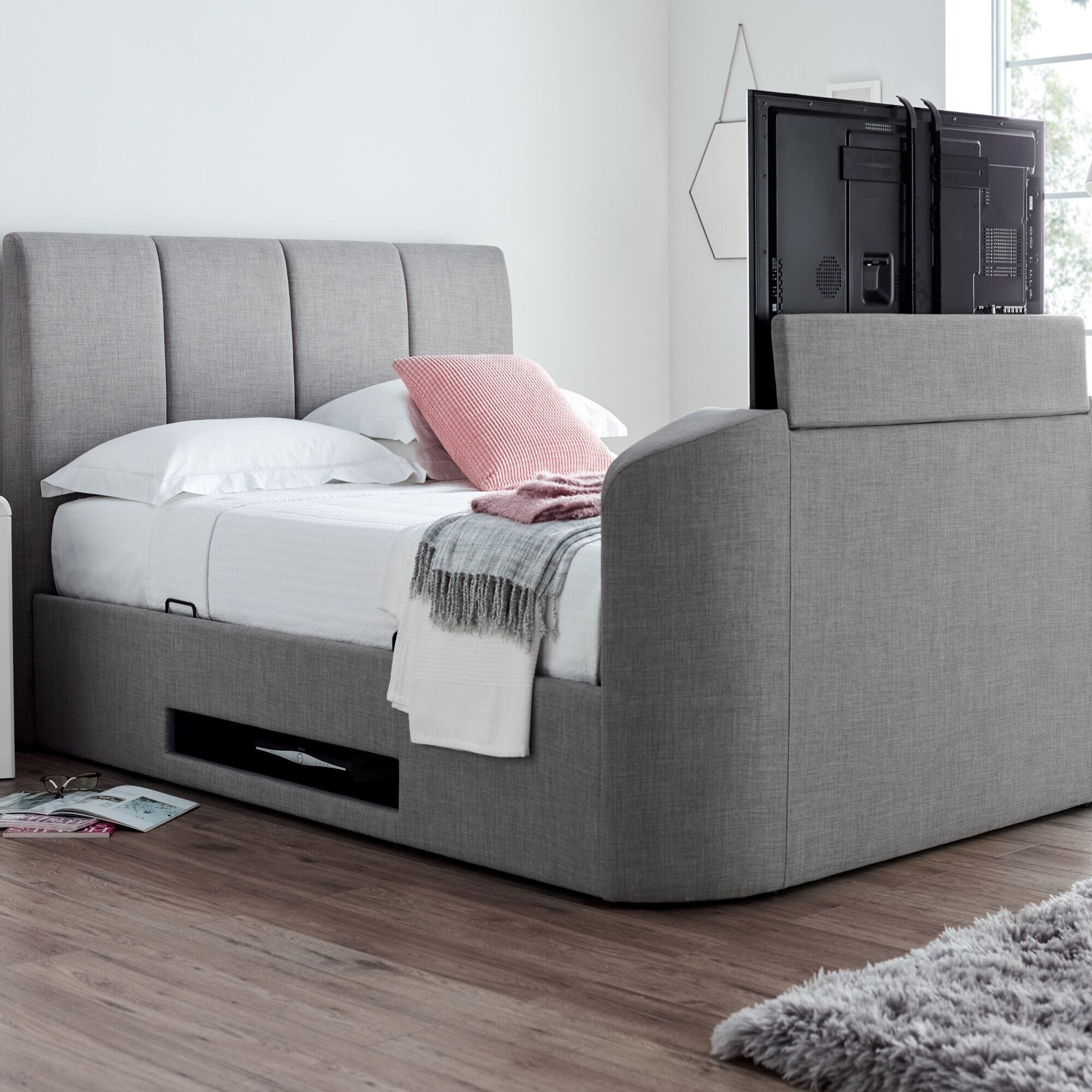 Grey Upholstered Ottoman Storage TV Bed - Mid Grey - Double, King & Super King by Time4Sleep (Copenhagen)