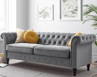 Grey Velvet 3 Seater Sofa By Time4Sleep (Chesterfield)