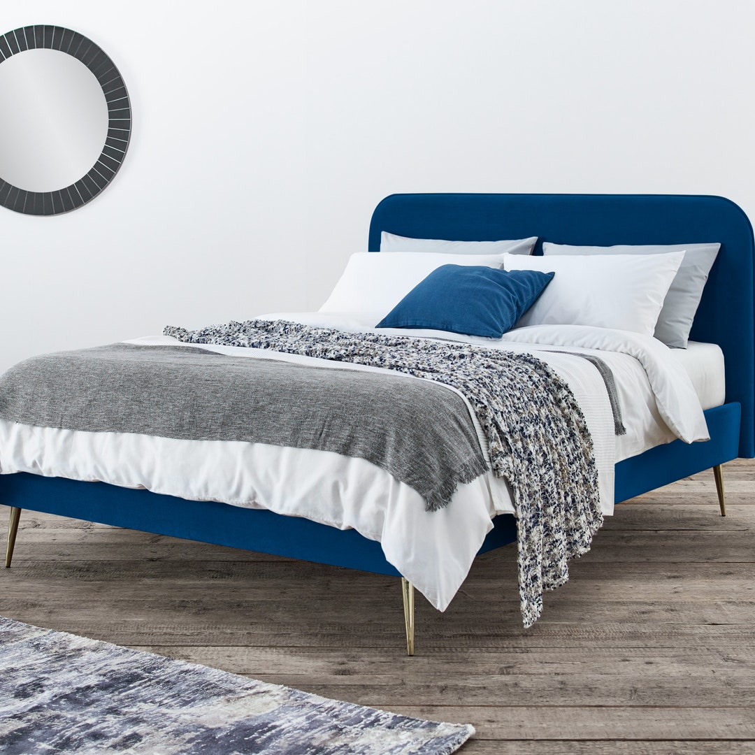 Blue Velvet Upholstered Bed Frame With Gold Feet Double & King by