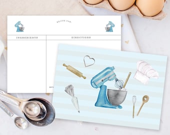 Blue Watercolor Mixer PRINTED Baking Recipe Cards SET OF 16