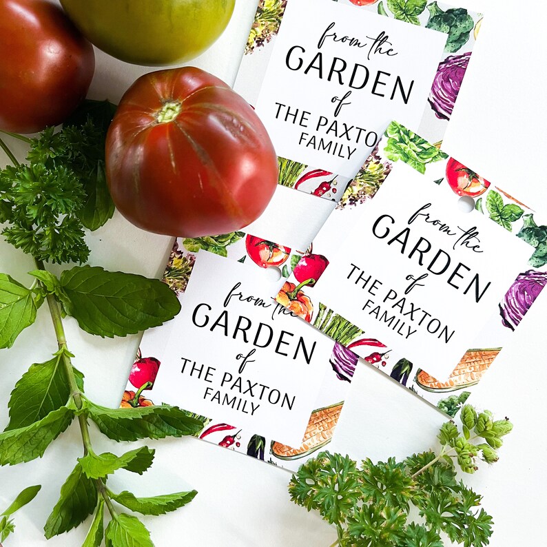 Op de afbeelding: Drie witte cadeau-etiketten met een aquarelontwerp van groenten en de tekst "from the GARDEN of THE PAXTON FAMILY".