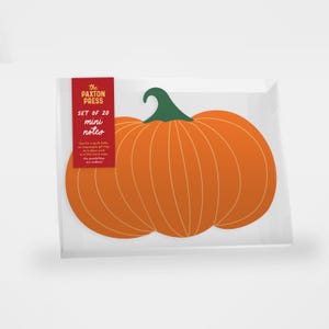 Puede incluir: Un paquete de mini notas con un diseño de calabaza naranja y un tallo verde. El paquete incluye una etiqueta roja con el texto "The Paxton Press" y "Set of 20 mini notes". Ideal para etiquetas de regalo o notas de almuerzo.