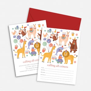 Invitaciones de cumpleaños de Calling All Critters: Juego de 24, personalizadas o para completar