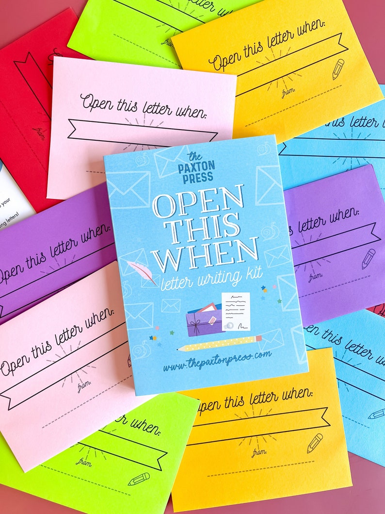May include: A set of colorful envelopes with the text "Open this letter when." printed on each one. The envelopes are part of a letter writing kit from The Paxton Press.