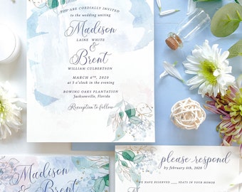 Watercolor Azure Blue and Blush Bellyband Wedding Invitation Suite