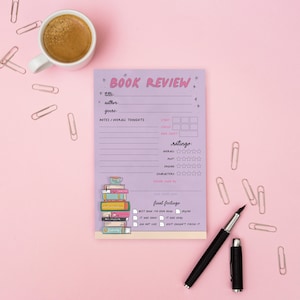 May include: A purple and white printable book review checklist with a stack of books and a cup of coffee. The checklist includes sections for title, author, genre, notes, overall thoughts, ratings, and final feelings.