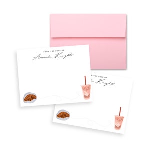 Croissant & Coffee Flat Note Cards with Light Pink Envelopes Set of 12