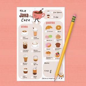 May include: A cafe menu illustrated with drinks and pastries, such as coffee and donuts. The menu, with the text "the Java Cafe", is next to a yellow pencil. Measurements are not applicable.