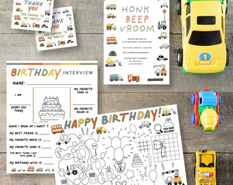 May include: A set of printable birthday party decorations featuring a car theme. The set includes a birthday invitation, a birthday interview sheet, and a colouring page with a car theme. The invitation has a white background with colourful cars and the text "Honk Beep Vroom". The interview sheet has a white background with a colourful car and the text "Birthday Interview". The colouring page has a white background with a colourful car and the text "Happy Birthday!"