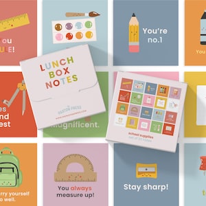 May include: A selection of colourful square cards with school-themed illustrations and text. One card reads "LUNCH BOX NOTES" and another says "school supplies set of 20 notes". Other cards feature a pencil, ruler, and backpack.