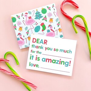 Set van 12 kerstflamingo's invulbare bedankkaarten voor kinderen