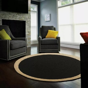 Beautiful Handmade Round Jute Rug With Black Round And Natural Border,Boho Decor Rug, Round Jute Rug, Eco Friendly Rug, Large Rug