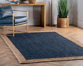 Alfombra de yute azul marino de tamaño personalizado, reversible, hecha a mano, trenzada en índigo, alfombra grande azul personalizable con borde natural, estilo bohemio.