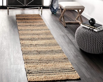 Alfombra de yute de cáñamo hecha a mano - Alfombra de pasillo de fibra natural a rayas - Alfombra de entrada negra y beige - Alfombra de cocina de estilo rústico moderno