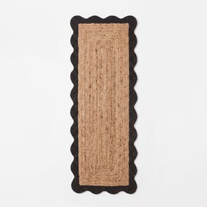 Scallop Edge Jute Area Rug | Custom Size Wavy Flatweave, Irregular Abstract Rugs for Living Room, Bedside & Beaded Table Runner Decor