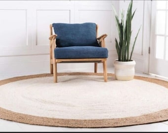 Handmade Braided Jute Round Rug - White Center Natural Fiber Circle Area Rug - Tan Border Boho Chic Floor Mat for Living Room, Nursery Rug