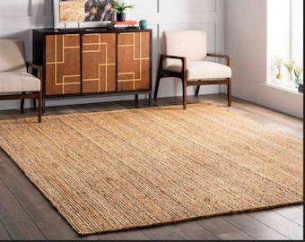 Handmade Rectangular Jute Area Rug, Natural Braided Large Floor Carpet, Chunky Jute Rug for Living Room, Boho Dining Room Bedroom Decor