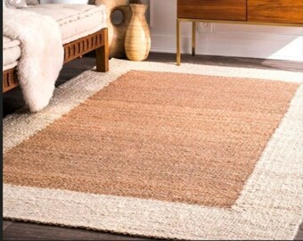 Tapete listrado de juta tecido à mão com borda branca, tapete corredor de cânhamo natural, tapete vintage para decoração boho.