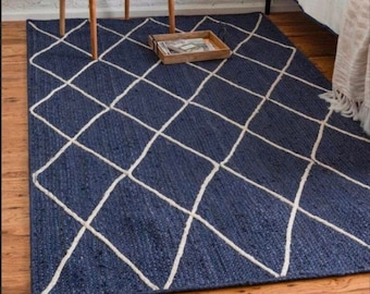 Tappeto in juta blu navy con motivo a rombi - Tappeto geometrico in fibra naturale - Tappeto marocchino a traliccio tessuto a mano - Arredamento moderno boho per camera da letto