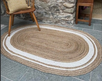 Handmade Oval Jute Rug with White Border | Braided Natural Fiber Area Rug | Rustic Farmhouse Decor | Boho Eco-Friendly Floor Mat