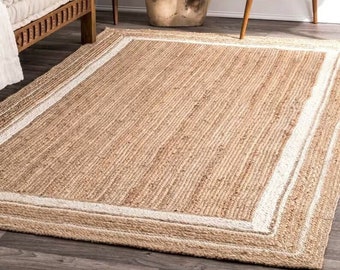 Handwoven Natural Jute Rug With White Lines, Living Room Rug, Jute Braided Rug, Moroccan Rug, Home Decor, Area Rug, Large Area Rug