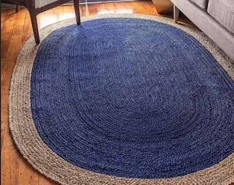 Marineblau und natürlicher ovaler Juteteppich | Handgefertigter geflochtener zweifarbiger Teppich | Küsten Boho Dekor | Umweltfreundliche Wohnzimmer Bodenmatte