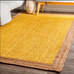 Handgemaakt jute vloerkleed gele kleur met natuurlijke rand en nog 3 kleuren, decoratief vloerkleed, vloerkleed slaapkamer, groot vloerkleed, jute geweven vloerkleed