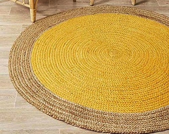 Handmade Braided Jute Round Rug - Mustard Yellow Center Natural Fiber Circle Area Rug -  Border Boho Chic Floor Mat for Living Room, Nursery
