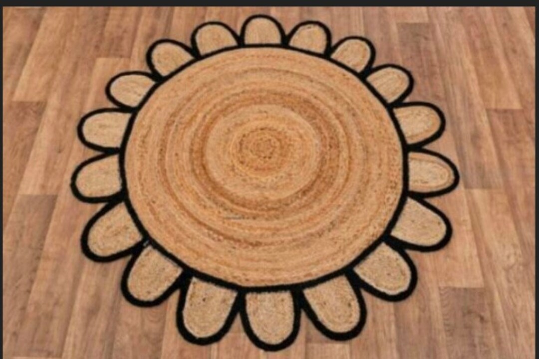 Heart Green Jute Rug Handmade Round Jute Rug, Green Flower Scalloped Area Carpet, Natural ...