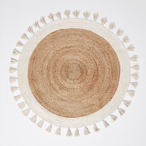 Round Jute Rug - White Tassels Round Rug, Boho Round Rug, Natural Jute Rug, Home Decor Round Rug, Custom RugBordered Round Rug, Circle Rug