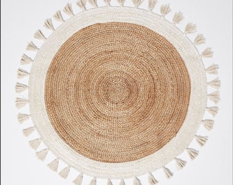 Handmade Braided Jute Round Rug with Tassels - Natural Fiber Circle Area Rug - Cream Border Fringe Boho Floor Mat for Nursery, Living Room
