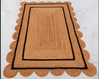 Scalloped Jute Rug with Black Border | Natural Fiber Area Rug | Black Trim Scallop Edge Rug for Living Room, Entryway | Woven Boho Mat